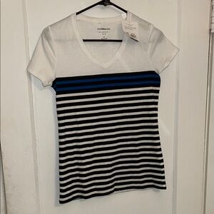 Women's Striped V-Neck Top - White and Black